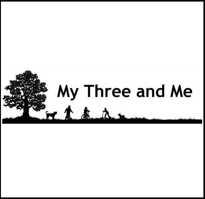 Silhouette of a tree, a dog, three people (one using a wheelchair), and a smaller child in profile, walking in a row with "My Three and Me" beside them—perfect inspiration to design your own blog logo.