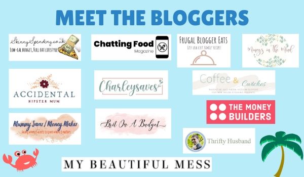 A blue banner reads "Meet the Bloggers" above a collage of various blog logos, including names like Charleysaves, Chatting Food, Coffee & Cwtches, and more—all set on a light background with small illustrations and details about the Rattan Garden Furniture set giveaway.