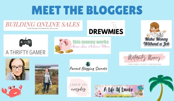 A blue background with "MEET THE BLOGGERS" above various blog logos like "BUILDING ONLINE SALES," "DREWMIES," and more—plus images of bloggers, a crab, palm tree, coins, and a mention of a Rattan Garden Furniture set giveaway.