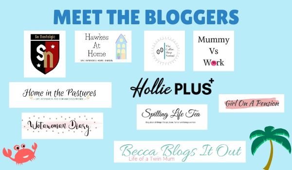 A collage titled "Meet the Bloggers" showcases various blog logos and names on a blue background, adorned with cartoon images of a palm tree, crab, and sun—highlighting their Rattan Garden Furniture set giveaway.