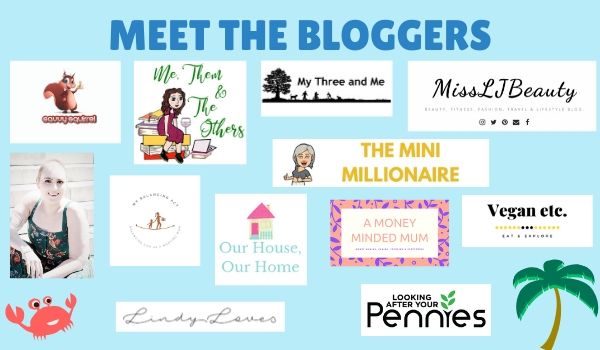 A collage titled "Meet the Bloggers" features various blog logos and names on a blue background with cartoon crabs, palm trees, and images representing blogs like beauty, finance, parenting, veganism, and a Rattan Garden Furniture set competition.