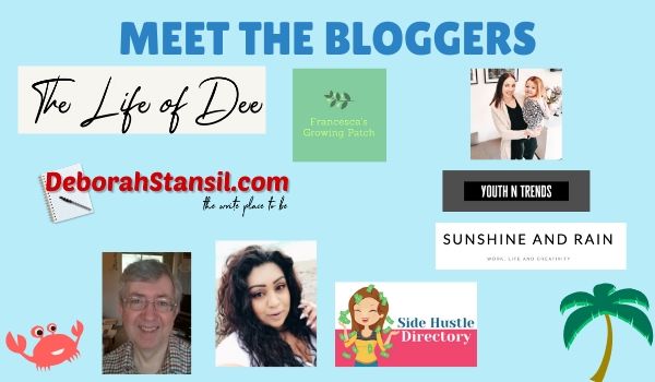 A blue graphic titled "Meet the Bloggers" features several blog logos, two cartoon images (a crab and a palm tree), and photos of two people. It also highlights a Rattan Garden Furniture set giveaway among blogs like "The Life of Dee" and "Youth in Trends".