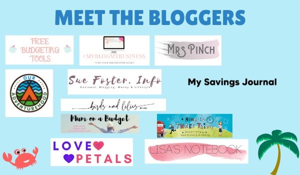 A collage of various blogger logos with the title “Meet the Bloggers” at the top. The light blue background features a cartoon crab, palm tree, and banners—highlighting an exciting Rattan Garden Furniture set giveaway among creative blog styles.