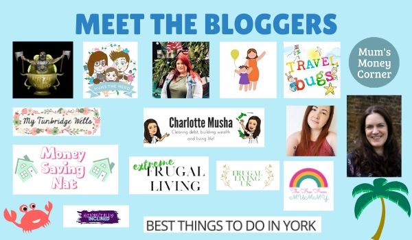A collage titled "Meet the Bloggers" showcases logos, photos of women, blog names like "Travel Bugs," "Money Saving Nat," and "Best Things To Do in York" on a light blue background, featuring a Rattan Garden Furniture set competition.