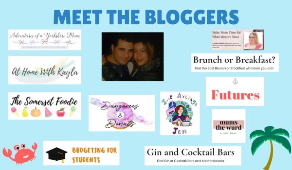 A collage titled "Meet the Bloggers" features blog logos, a photo of a smiling couple, and icons including a red crab and green leaves on a pastel blue background, highlighting an exciting Rattan Garden Furniture set giveaway.