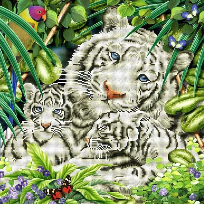 A cross-stitch image of a white tiger and two cubs surrounded by lush green leaves, a colourful bird, butterflies, and flowers with a red ladybird in the foreground; an engaging project like this is perfect among toys to keep children busy.