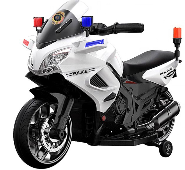 A white ride-on toy police motorbike with blue and red lights, police stickers, and a black seat, designed to resemble a real police vehicle.