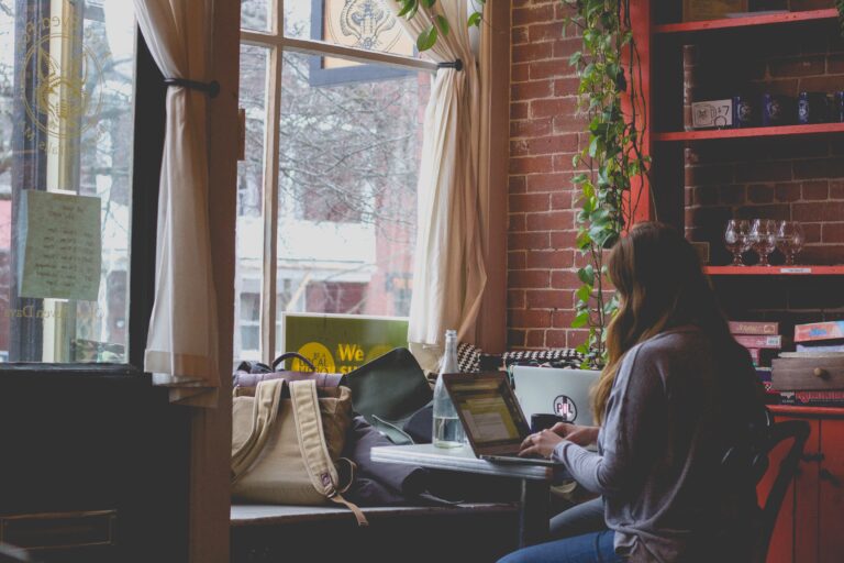 A woman sat at a computer in the window