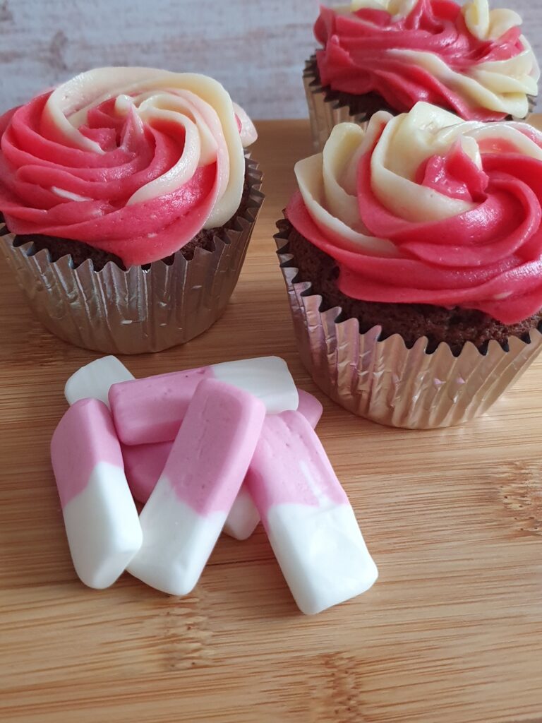 Swizzel Squashies Cupcakes with pink and white icing