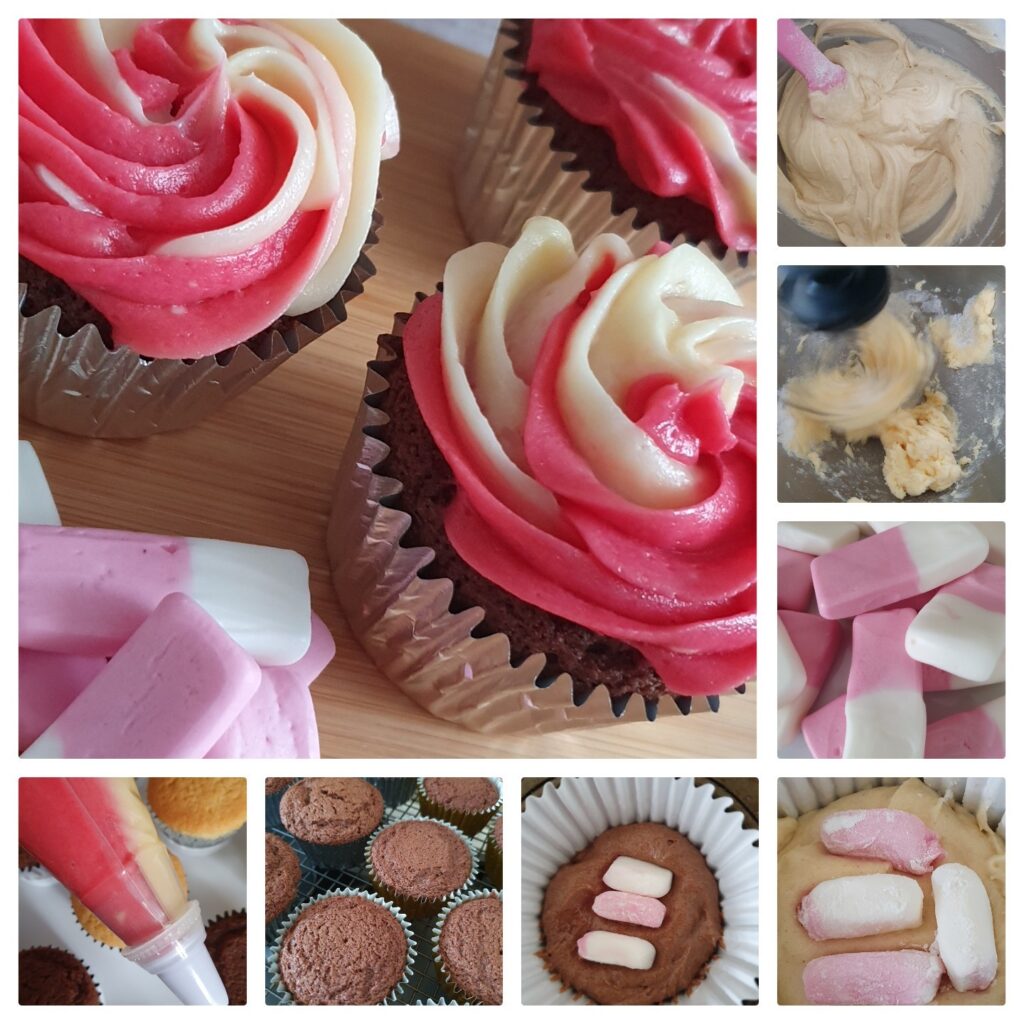 A collage shows steps of making Swizzels Chocolate Squashies Cupcakes: mixing batter, baking chocolate cupcakes, shaping fondant pieces, piping two-tone pink and white icing, and finished cupcakes with swirled icing.
