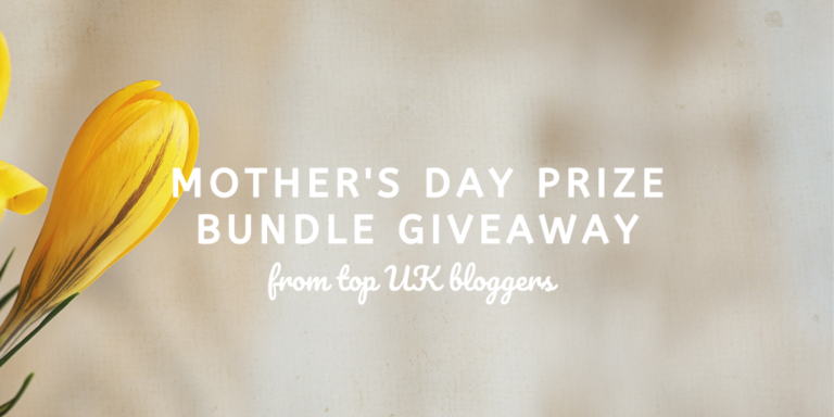 Yellow tulips on the left against a soft beige background with the text “Win an amazing Mother’s Day prize bundle—Prize Bundle Giveaway from top UK bloggers” in white letters across the centre.