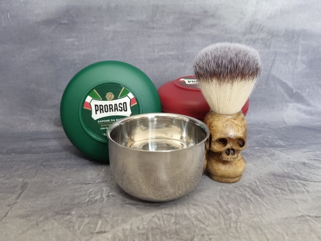 Items from TrendHim - soaps, a silver bowl and a shaving brush.