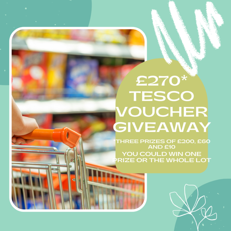 A person holds the handle of a shopping trolley in a supermarket aisle. Text on the image reads: "£270* Tesco shopping vouchers giveaway. Three prizes of £200, £60, and £10. You could win one prize or the whole lot.