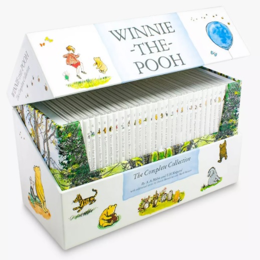 A boxed set of the complete Winnie-the-Pooh collection by A.A. Milne, with classic character illustrations. Enter for a chance to Win Three Children's Book Sets, each featuring charming white hardbacks with illustrated spines.