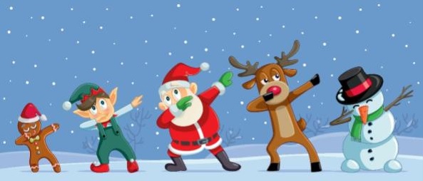 A gingerbread man, elf, Father Christmas, reindeer, and snowman—just like your child’s favourite cartoon characters who have topped the charts at Christmas—are dabbing in a snowy landscape with falling snow and a blue sky.