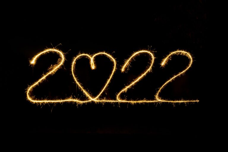 The numbers "2022" are written with sparklers, the nought replaced by a glowing heart shape—symbolising Developing Your Mental Health In 2022—all set against a black background.