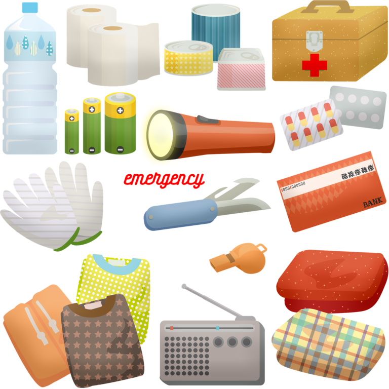 A collection of emergency supplies, showcasing ways to be prepared for a family emergency—includes water, batteries, torch, first aid kit, medicine, gloves, credit card, whistle, clothes, radio, food containers, and a blanket.