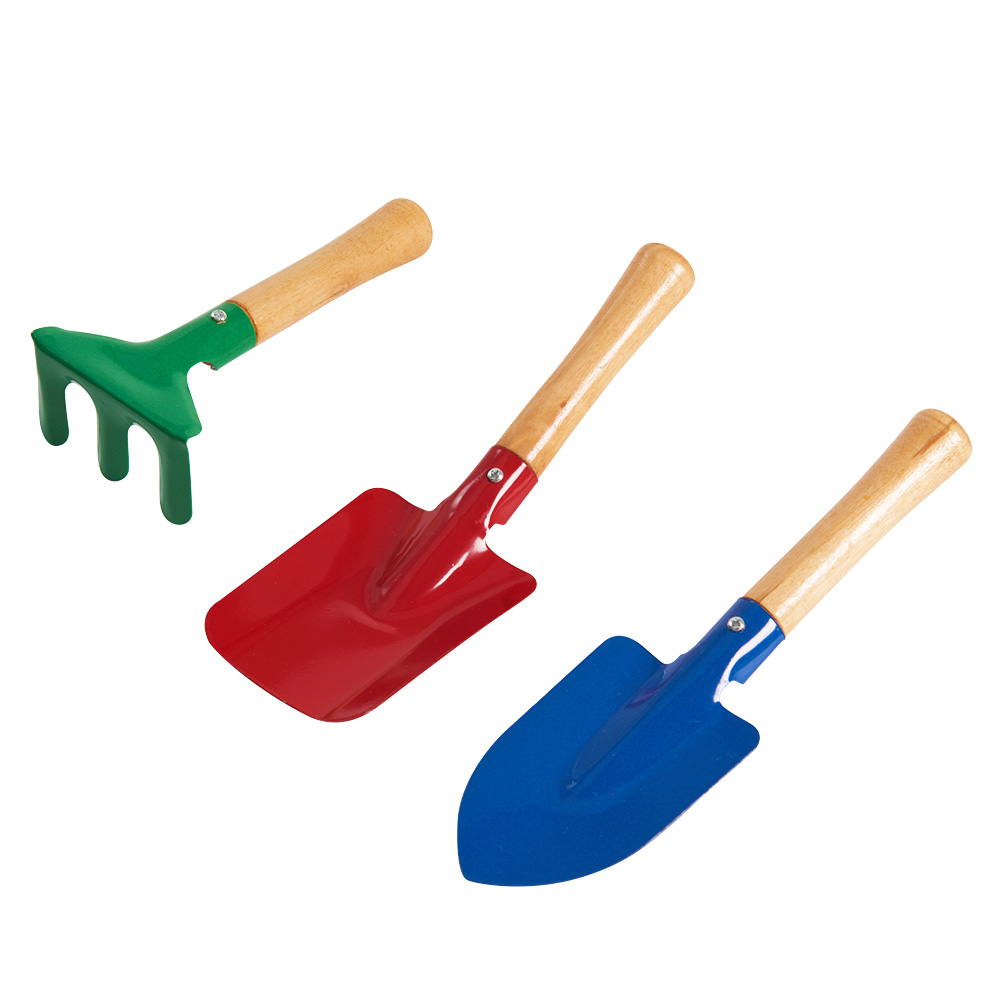 Three garden tools with wooden handles—a green hand rake, a red flat-edged trowel, and a blue pointed trowel—are arranged side by side on a white background, perfect for the Summer Prize Giveaway from Top UK Bloggers.