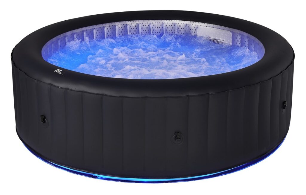A round, black inflatable hot tub filled with bubbling water. Blue LED lights illuminate the tub, creating a glowing effect—perfect for relaxing evenings or celebrating your win in the Summer Prize Giveaway from Top UK Bloggers.