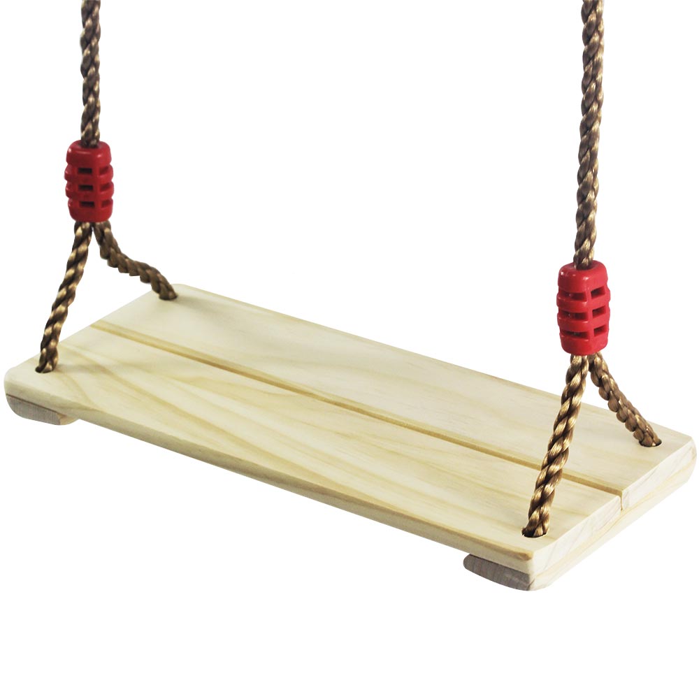 A wooden swing seat with two brown ropes attached at the sides, each secured with red plastic grips, isolated on a white background—perfect for the Summer Prize Giveaway from Top UK Bloggers.