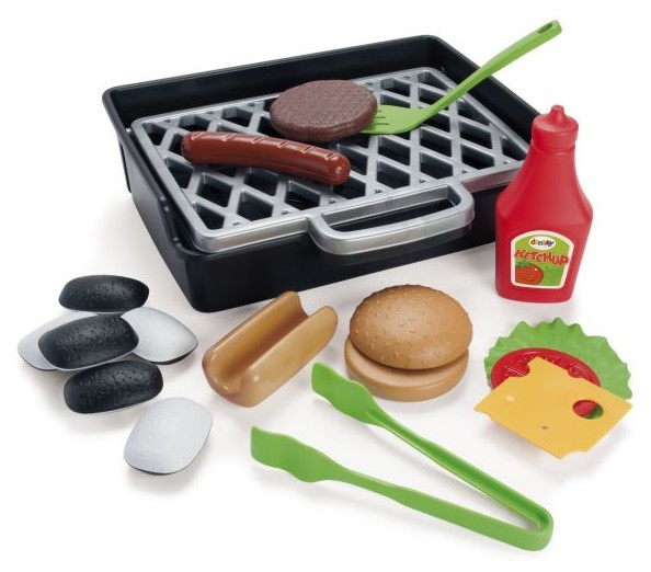 Plastic toy barbecue set with a grill, toy beefburger patty, sausage, tomato sauce bottle, buns, lettuce, cheese slice, charcoal pieces, and green tongs and spatula—perfect for Toys and Games to Keep the Children Busy during playtime!.