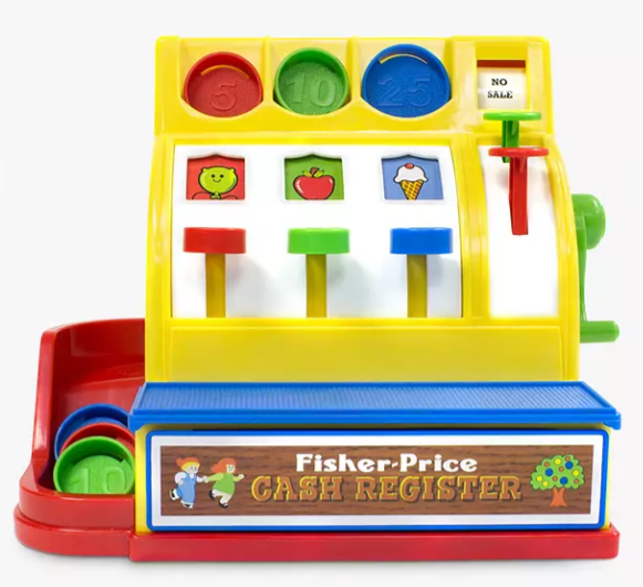 A colourful Fisher-Price toy cash register with bright buttons, coin slots, and fruit and ice cream images—perfect for Toys and Games to Keep the Kids Busy whilst sparking creative play.