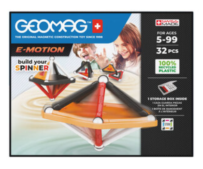 Box of Geomag E-Motion spinner set for ages 5–99, featuring 32 magnetic construction pieces. Perfect among Toys and Games to Keep The Kids Busy, with images of built spinners, recycled plastic note, and excited children pictured in the background.