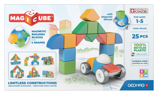 Box of Magicube magnetic building blocks for ages 1–5, perfect for Toys and Games to Keep The Kids Busy. Includes 25 colourful pieces made from 100% recycled plastic, features STEM learning, and builds creative structures and a car with a figure.