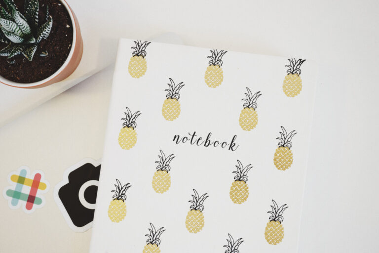 A white notebook with a pattern of yellow pineapples and the word "notebook" on the cover, placed on a white surface near a potted plant and two stickers, one of a camera and one with the Slack logo.