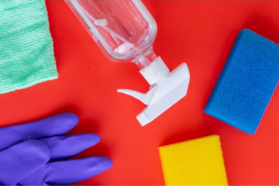 A variety of cleaning products that could be used to clean a floor