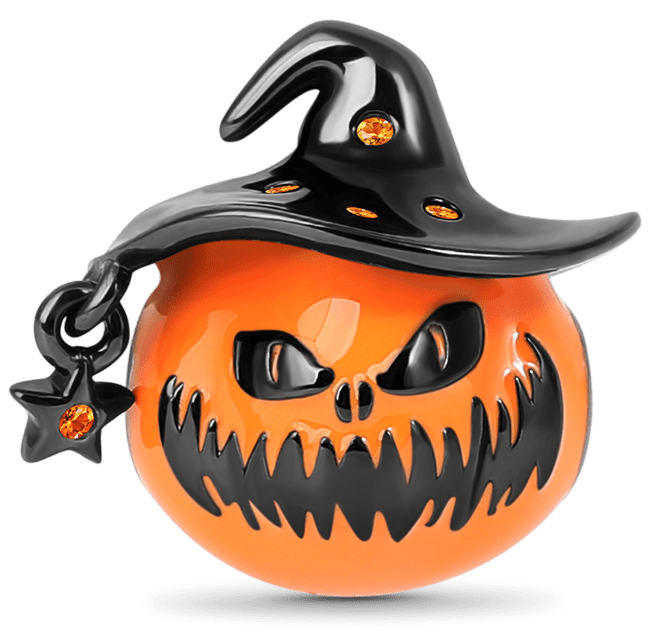 A shiny orange pumpkin with a sinister black grin and eyes, wearing a glossy black Gnoce witch hat adorned with orange gems and a dangling star charm.