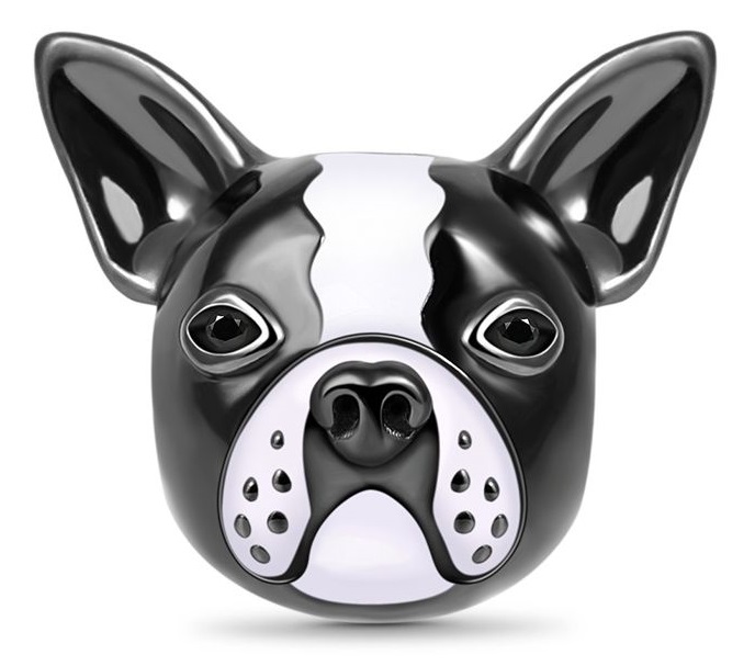 A stylised, shiny black and white dog face with large ears, round eyes, and a smooth, cartoon-like finish resembling a Boston Terrier—perfect for Gnoce jewellery designs.
