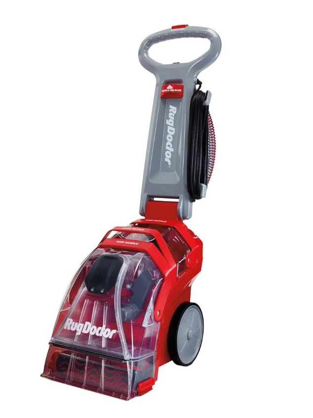 Red and grey Rug Doctor carpet cleaner with a handle, large wheels, clear cleaning head, and coiled cord on the side, standing upright on a white background—ideal for those seeking powerful carpet cleaners.