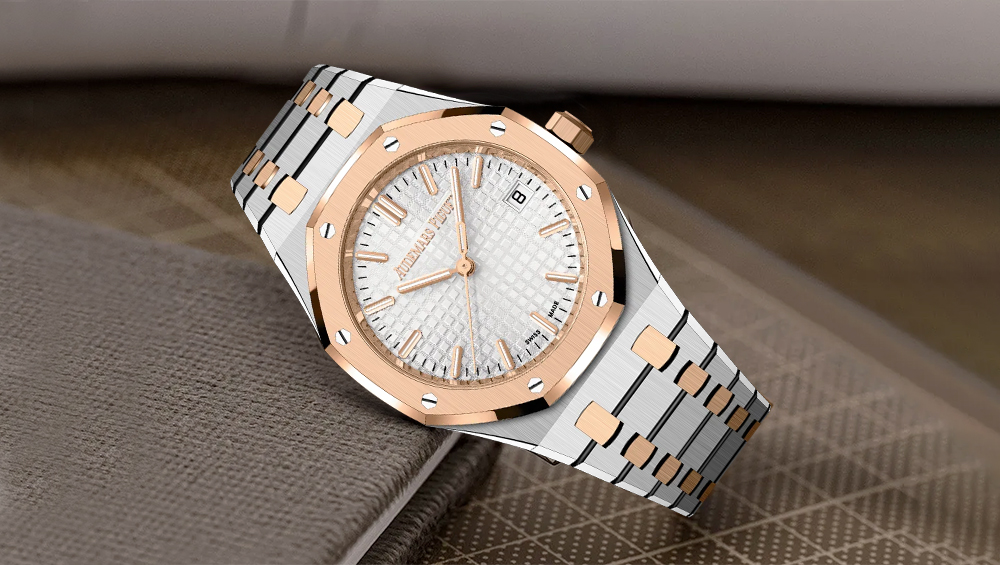 A luxury wristwatch with a silver and rose gold metal strap, a white textured dial, gold hour markers, and a small date window, showcases the elegance found in premium watches as it rests on a brown and beige patterned surface.