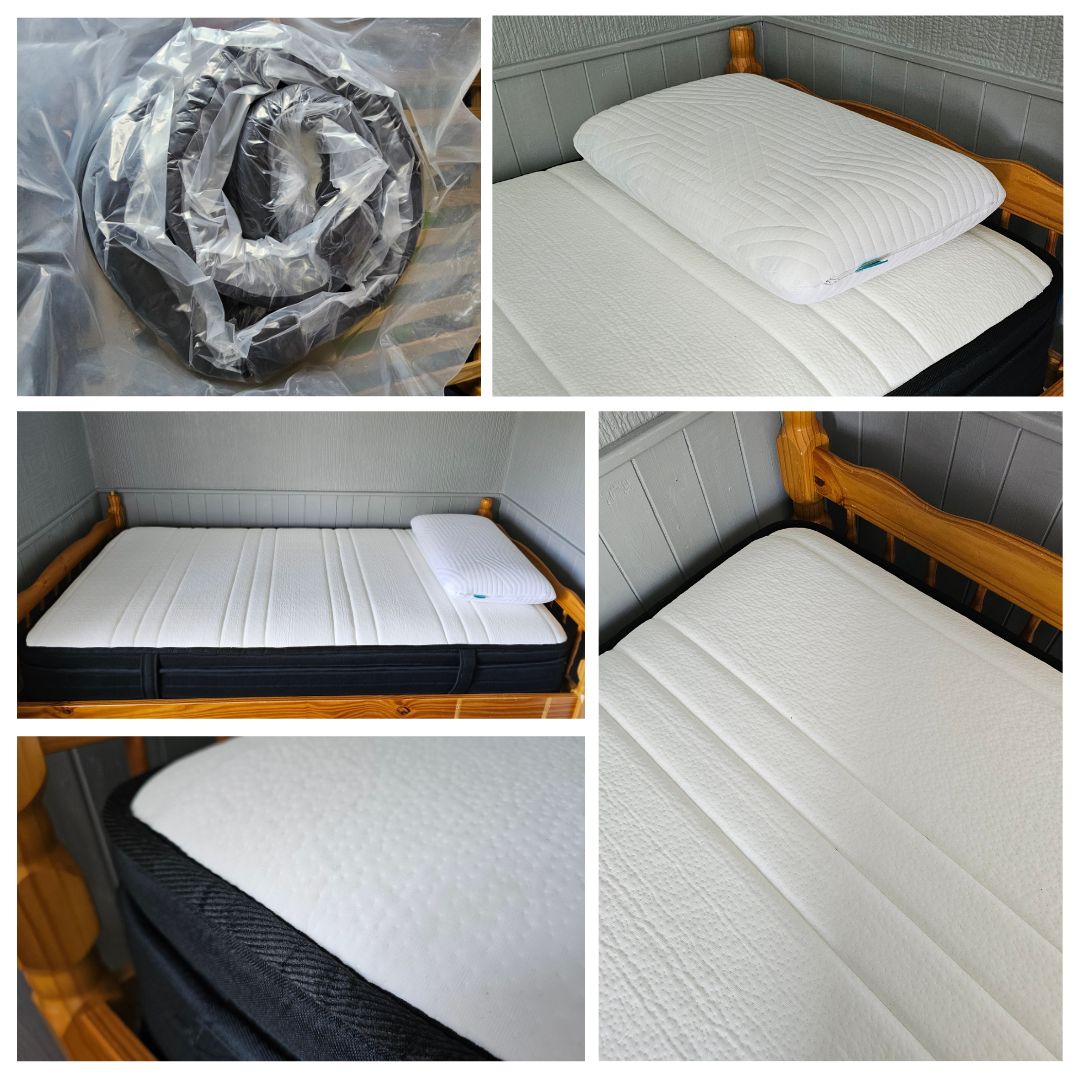 A collage shows an unboxing of a rolled-up mattress in plastic, then the mattress laid out and expanded on a wooden bed frame with a white pillow, highlighting the mattress’s smooth, white surface and textured details.
