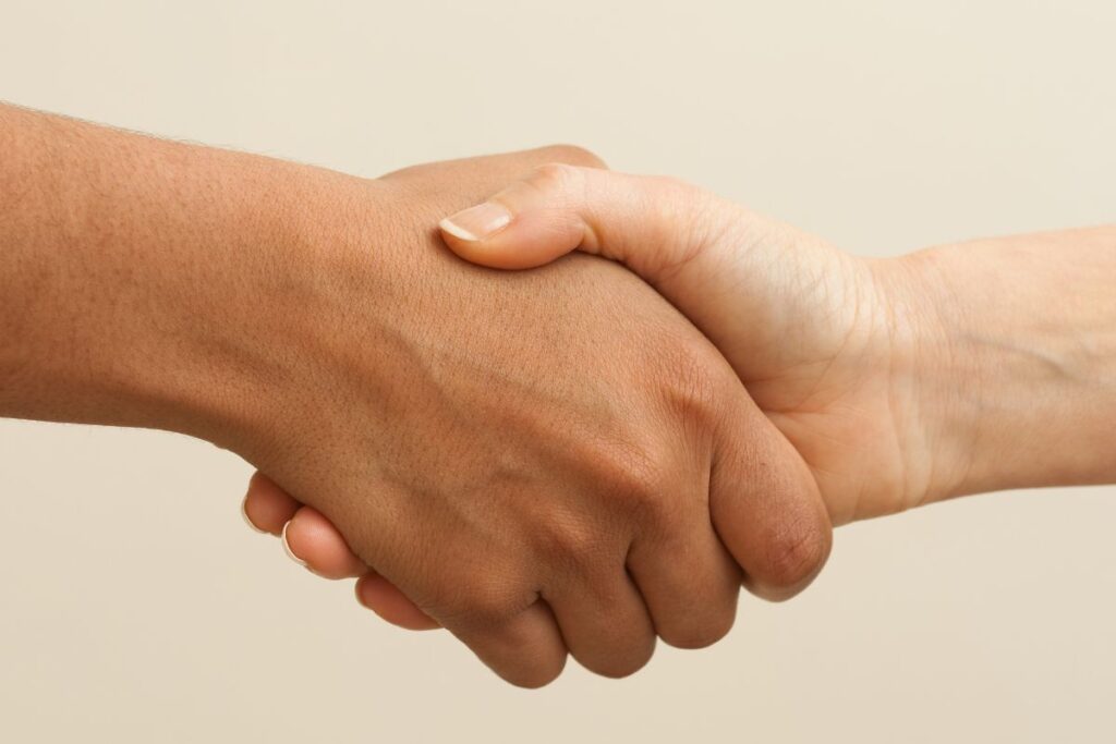Close-up of two hands shaking against a plain, light background—one darker and one lighter in skin tone—symbolising agreement, cooperation, or partnership, often seen in surrogacy arrangements.