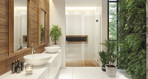 Modern bathroom with wooden accents, two vessel basins, large mirrors, potted plants, and a lush green living wall—an inspiring space that wouldn’t be out of place at the Northern Homebuilding & Renovating Show. Natural light creates a fresh, spa-like atmosphere.