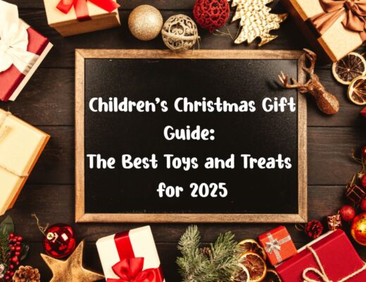 A blackboard surrounded by presents, perfect for showcasing your favourite Christmas gift ideas.