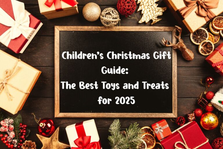 A blackboard surrounded by presents, perfect for showcasing your favourite Christmas gift ideas.